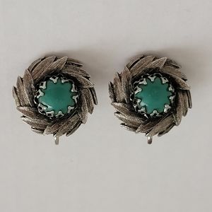 Vintage Silvertone Clip On Earrings with Leaves Wreath Around A Faux Turquoise